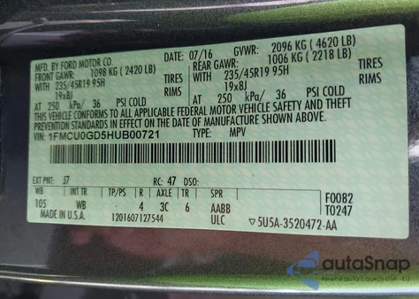 2017 Ford Escape Se из США, поврежденный, VIN 1FMCU0GD5HUB00721